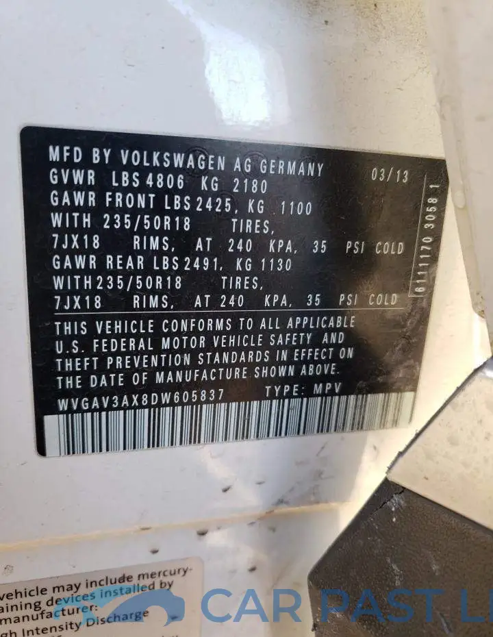 WVGAV3AX8DW605837# 13