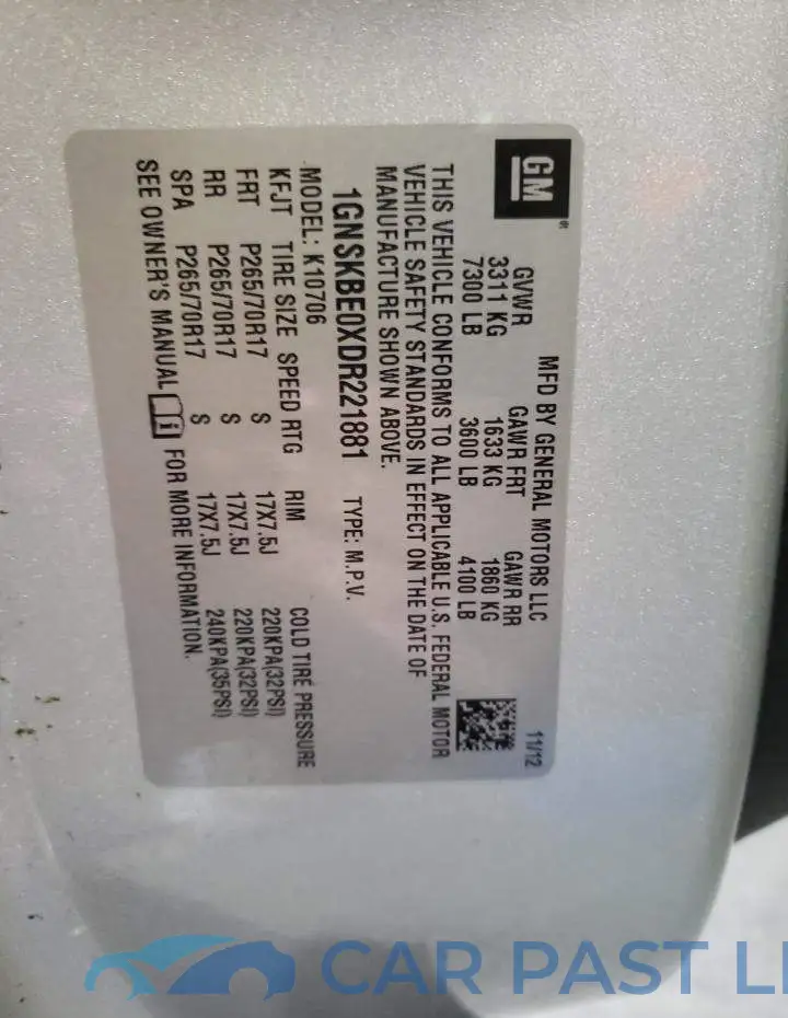1GNSKBE0XDR221881# 14