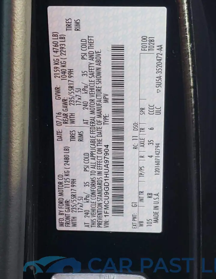 1FMCU9GD1HUA97904# 10