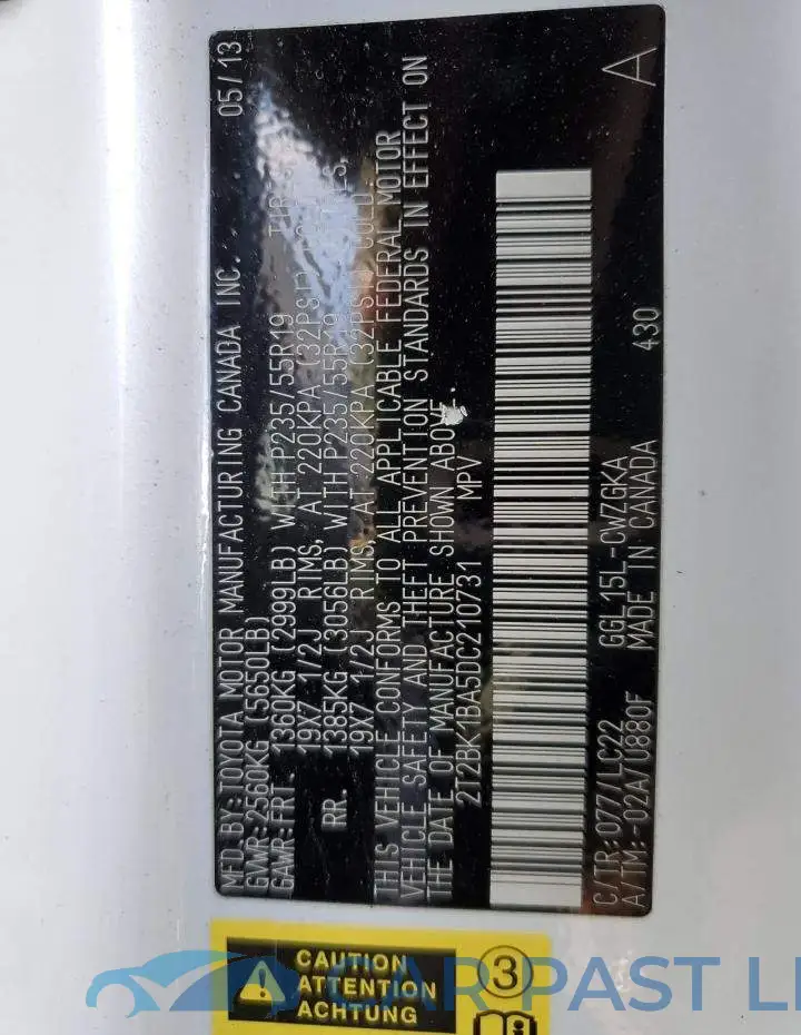 2T2BK1BA5DC210731# 13