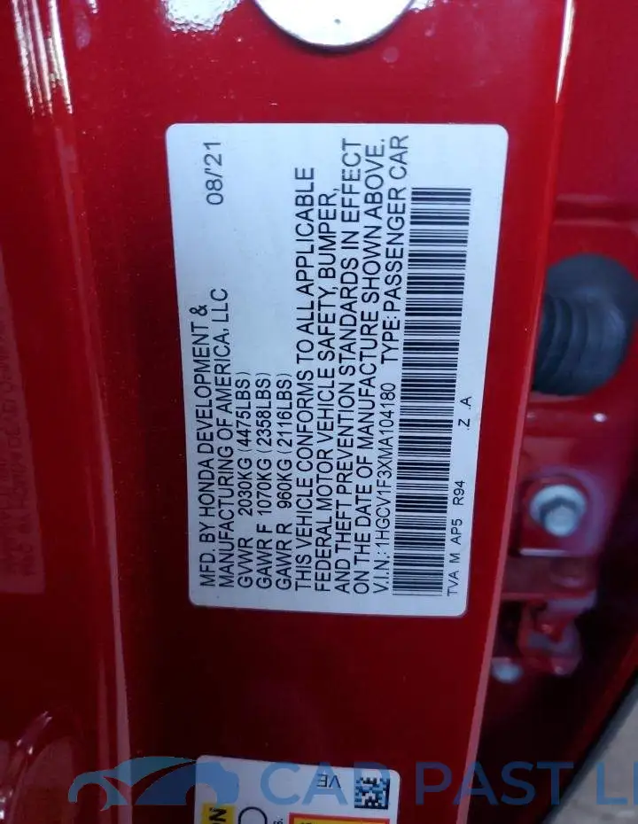1HGCV1F3XMA104180# 12