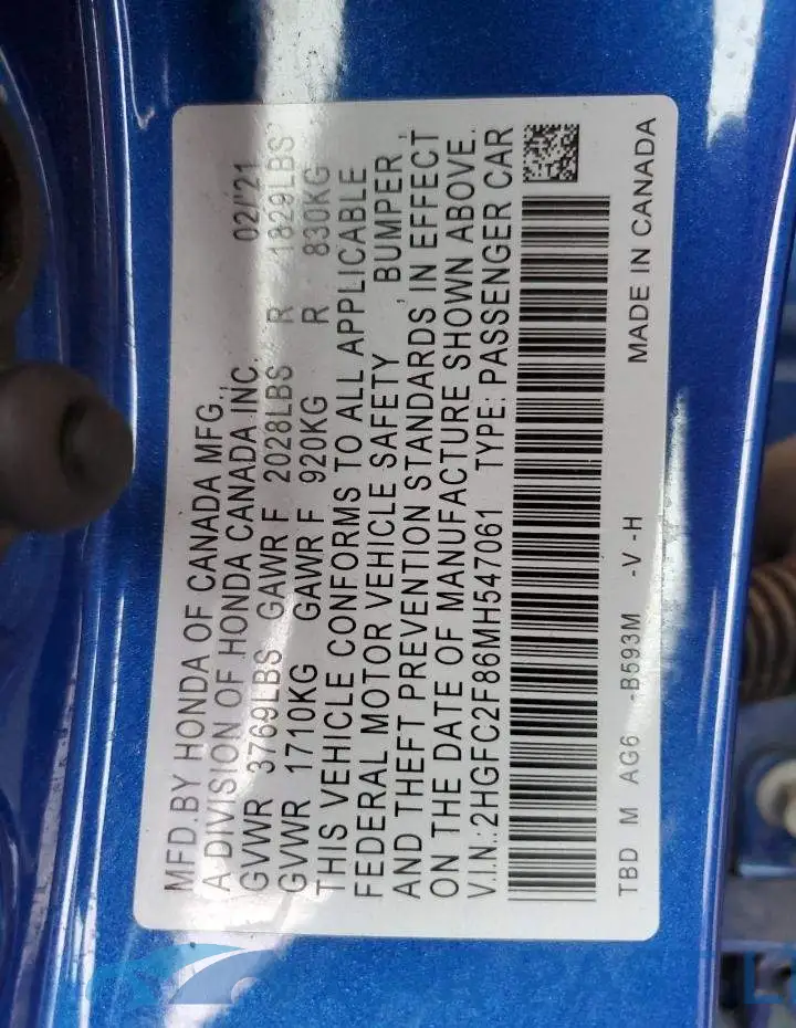 2HGFC2F86MH547061# 12