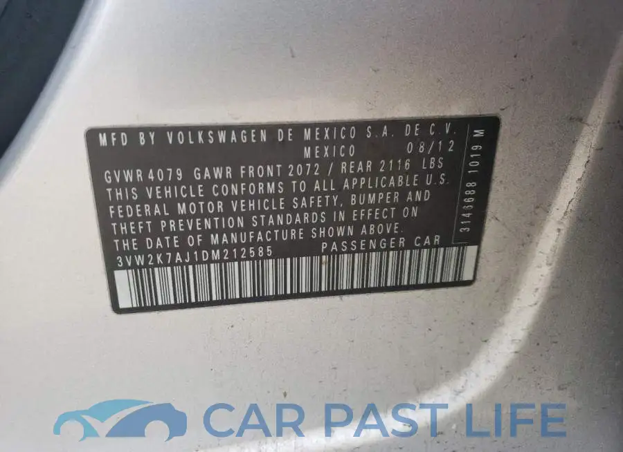 3VW2K7AJ1DM212585# 12