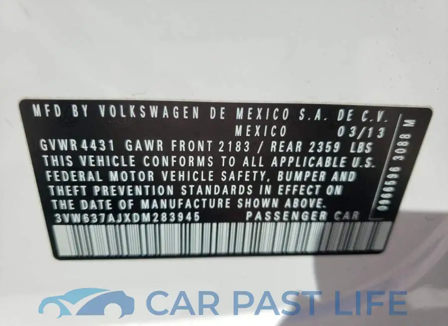 3VW637AJXDM283945# 10