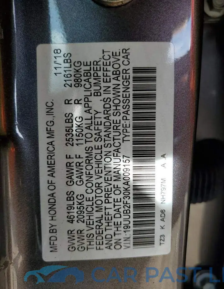 19UUB2F30KA009157# 10