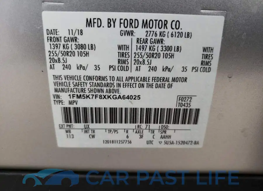 1FM5K7F8XKGA64025# 12
