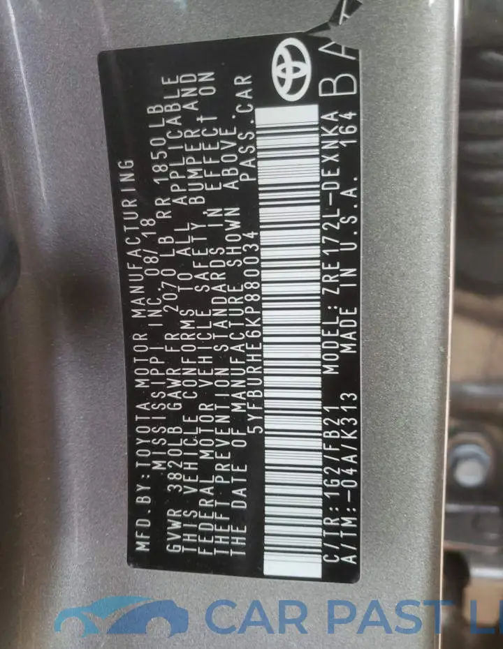 5YFBURHE6KP880034# 10