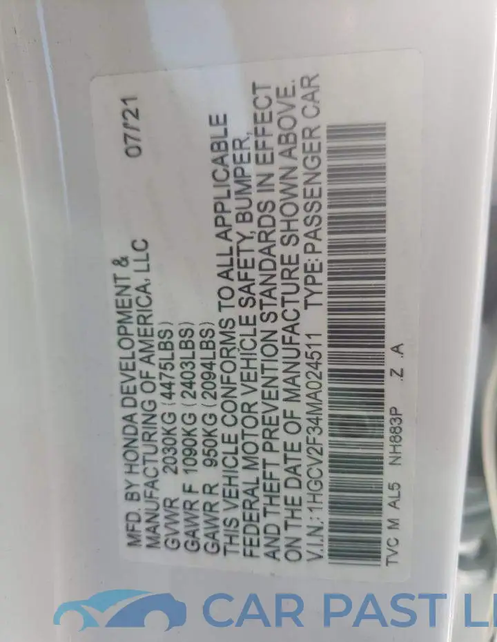 1HGCV2F34MA024511# 12
