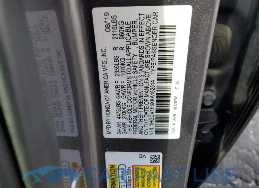 1HGCV1F3XKA162514# 12