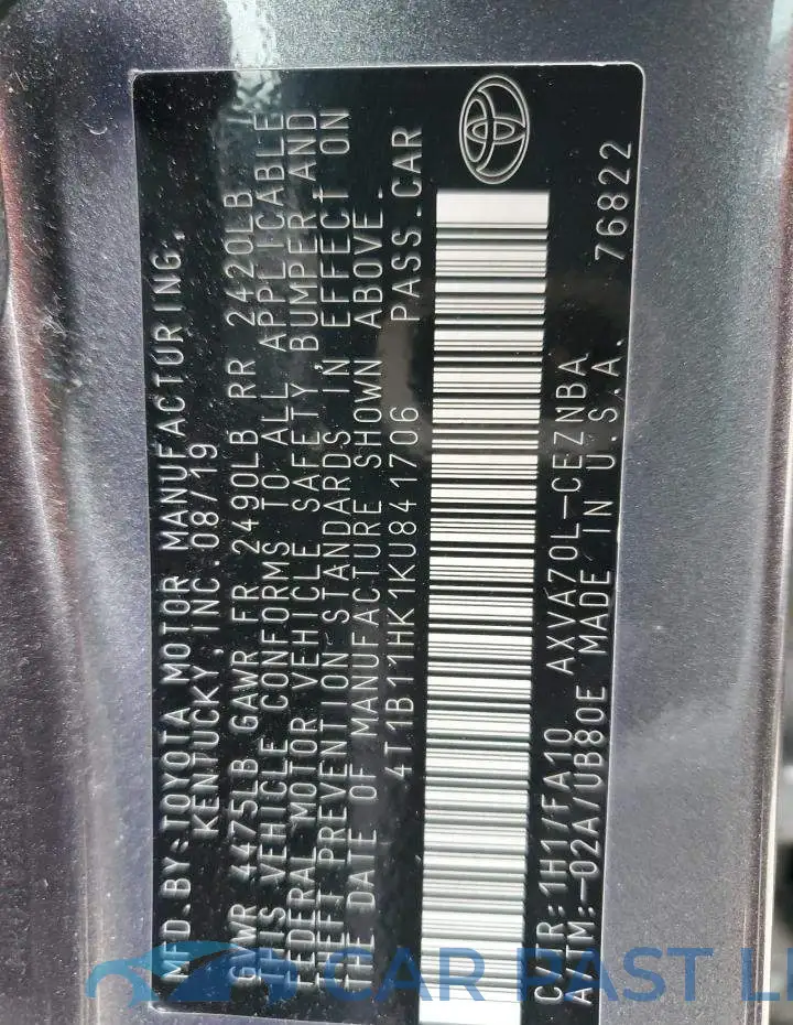 4T1B11HK1KU841706# 13