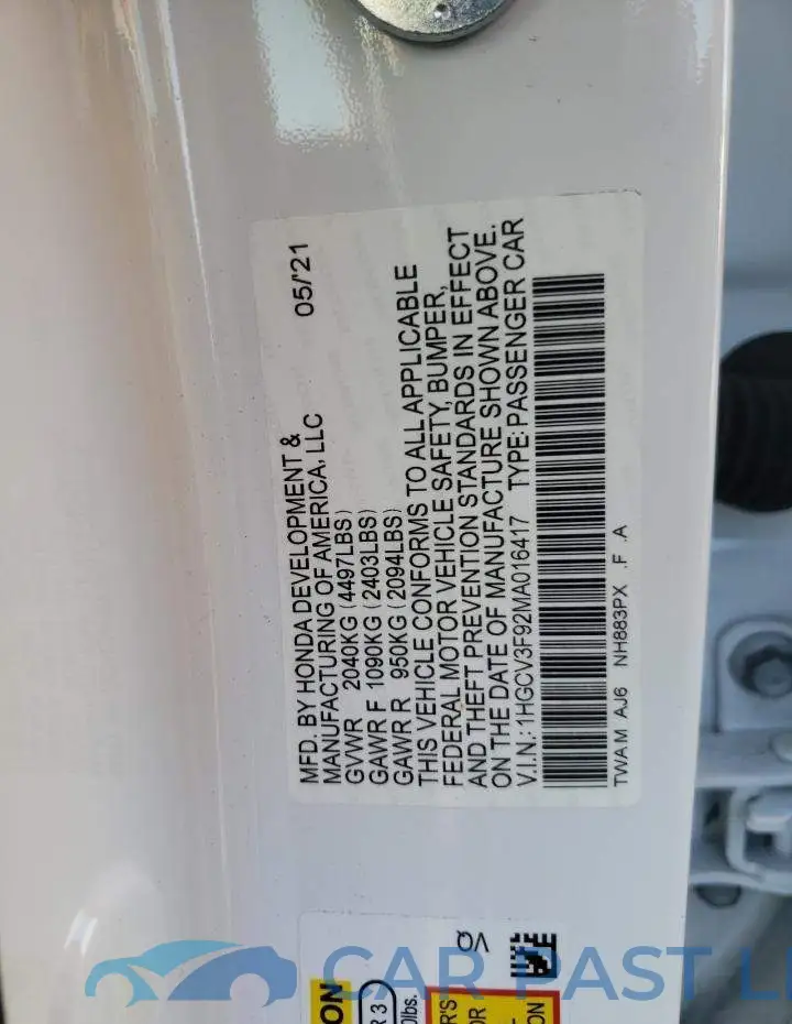1HGCV3F92MA016417# 12