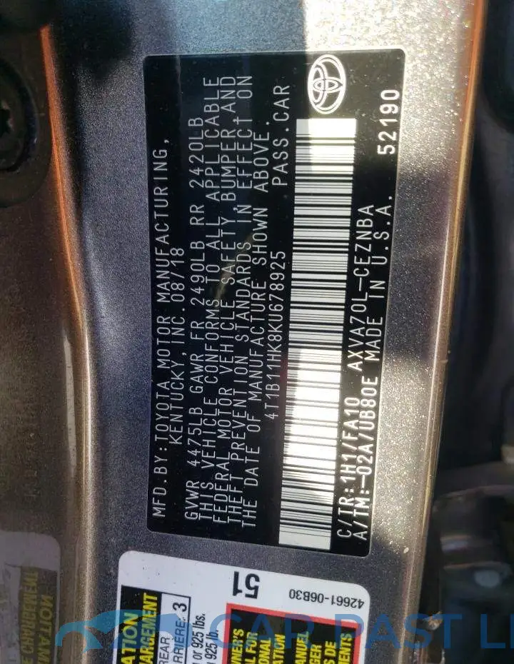 4T1B11HK8KU678925# 12