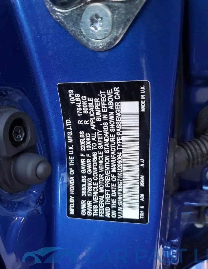 SHHFK8G71KU206064# 10
