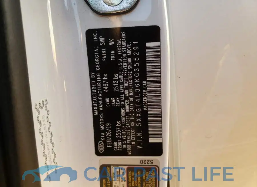 5XXGT4L36KG355291# 12