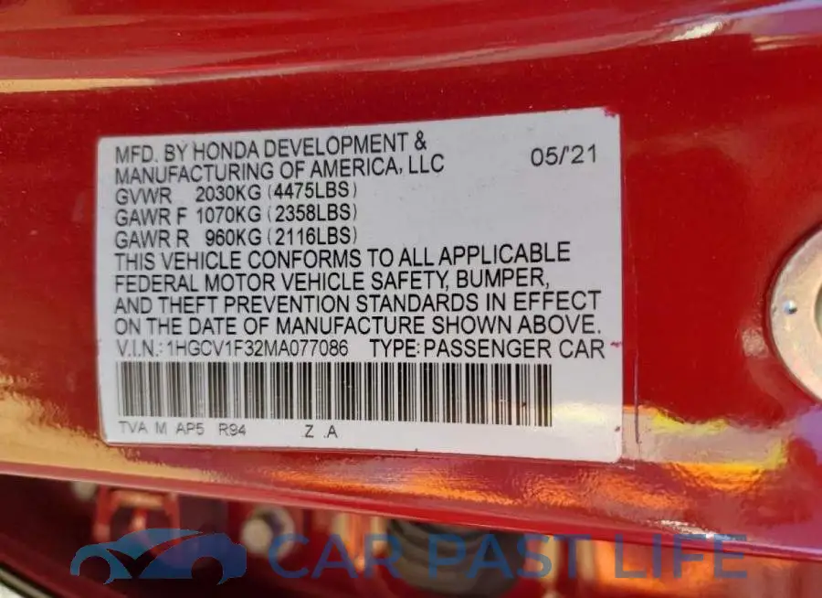 1HGCV1F32MA077086# 13