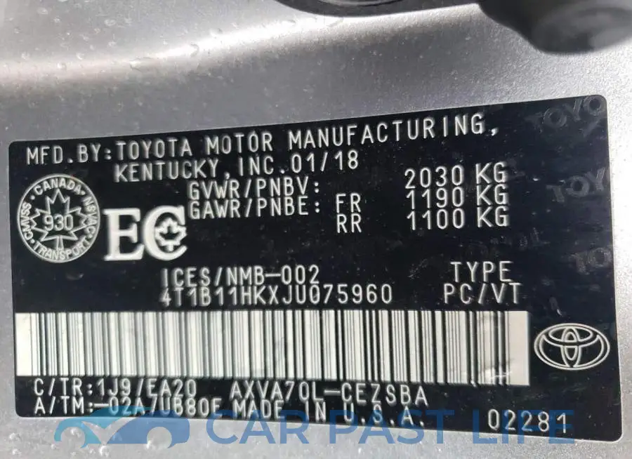 4T1B11HKXJU075960# 12