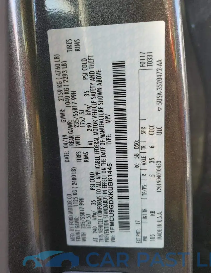1FMCU9GDXKUB61445# 14