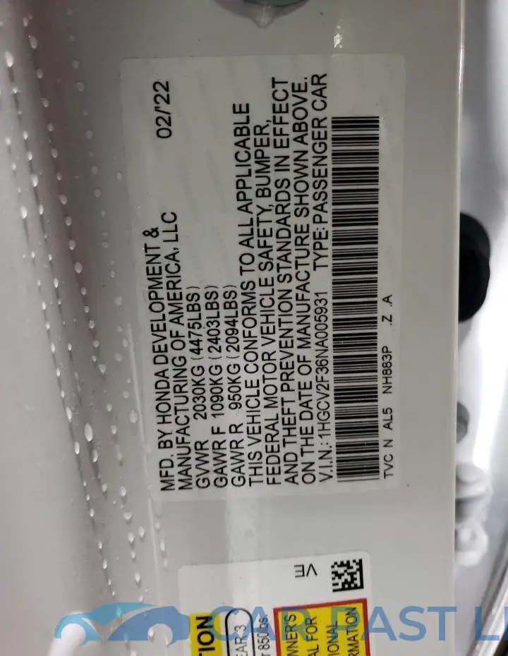 1HGCV2F36NA005931# 12