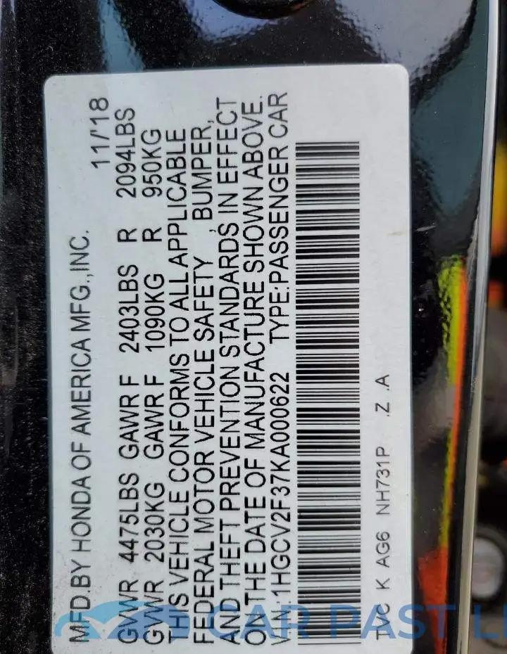 1HGCV2F37KA000622# 12