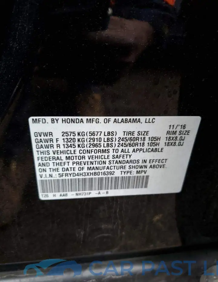 5FRYD4H3XHB016392# 10