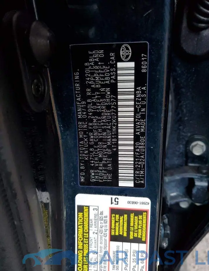 4T1B11HK2KU777577# 12
