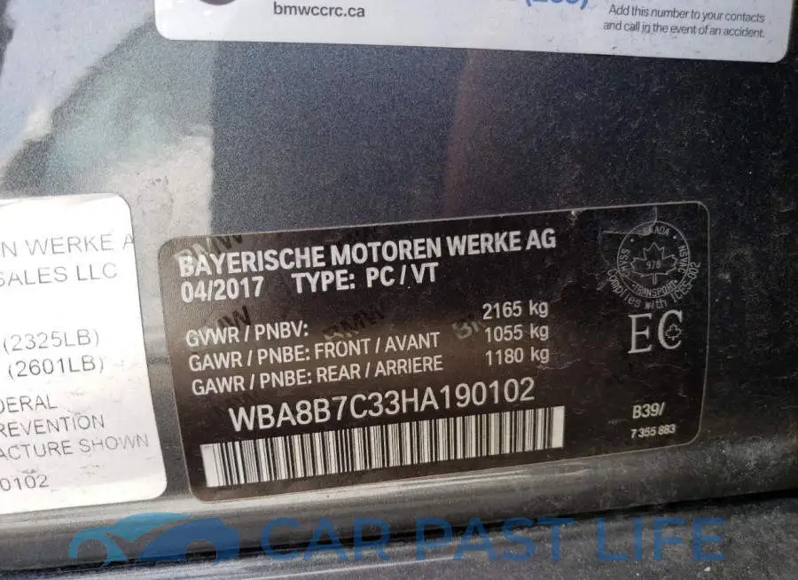 WBA8B7C33HA190102# 12