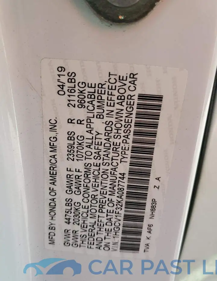 1HGCV1F32KA087744# 12