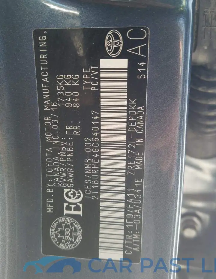 2T1BURHE4GC640147# 12