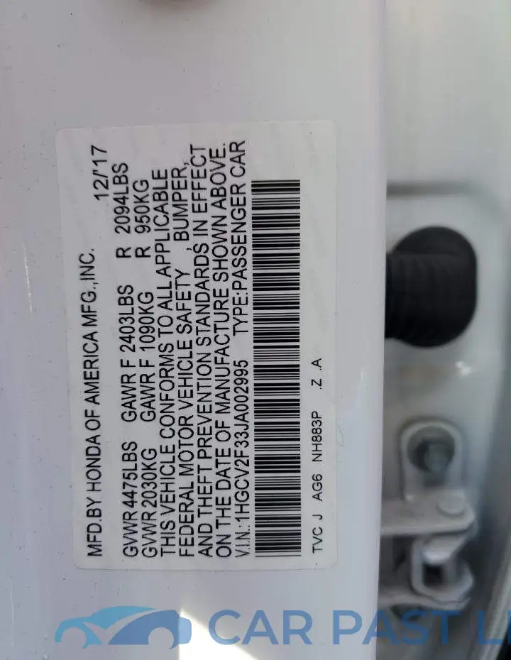 1HGCV2F33JA002995# 12