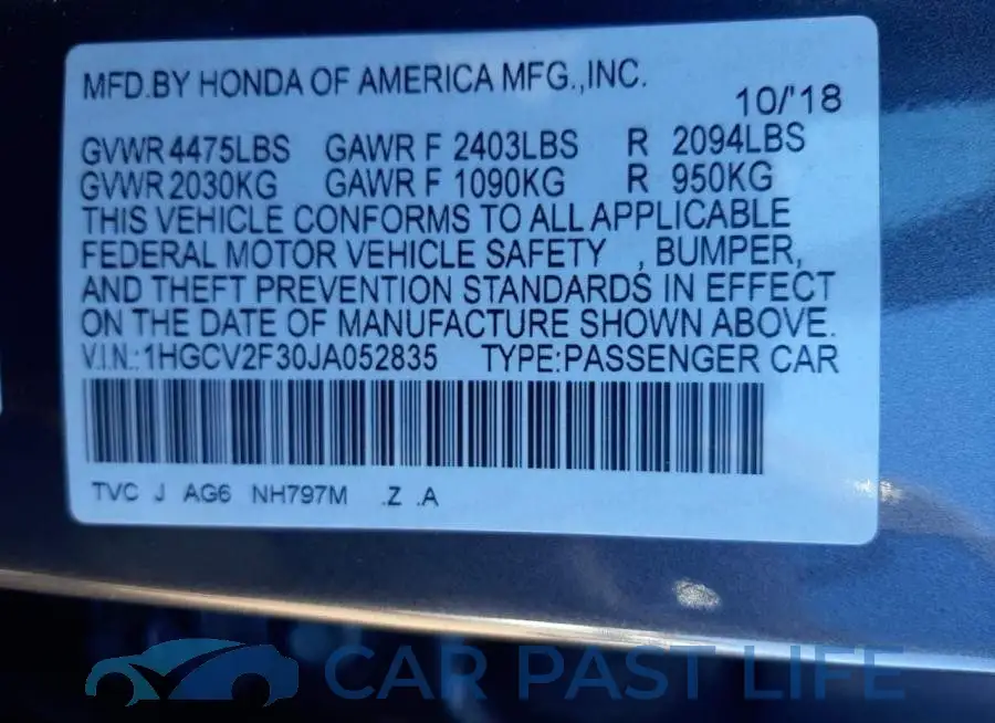 1HGCV2F30JA052835# 12