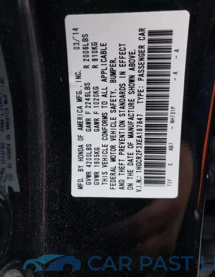 1HGCR2F3XEA187847# 12