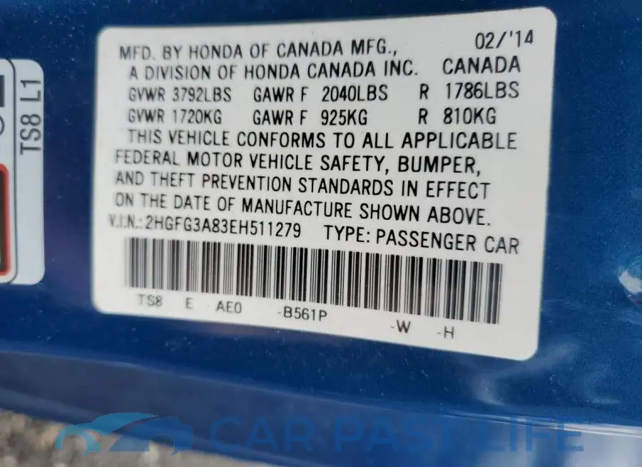 2HGFG3A83EH511279# 12