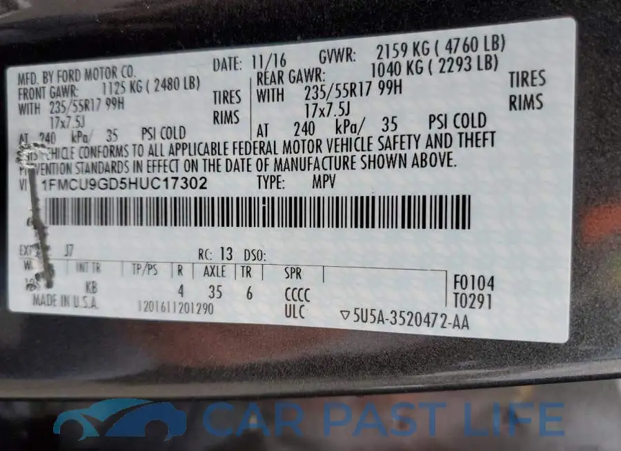 1FMCU9GD5HUC17302# 12