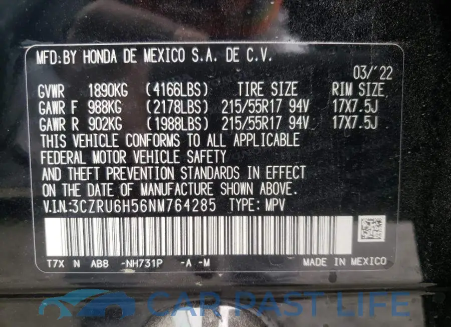 3CZRU6H56NM764285# 12
