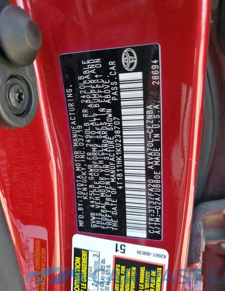 4T1B11HK1KU238707# 12