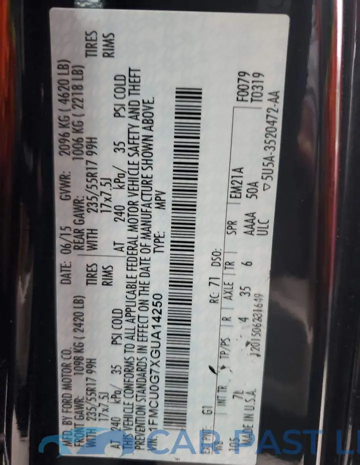 1FMCU0G7XGUA14250# 14