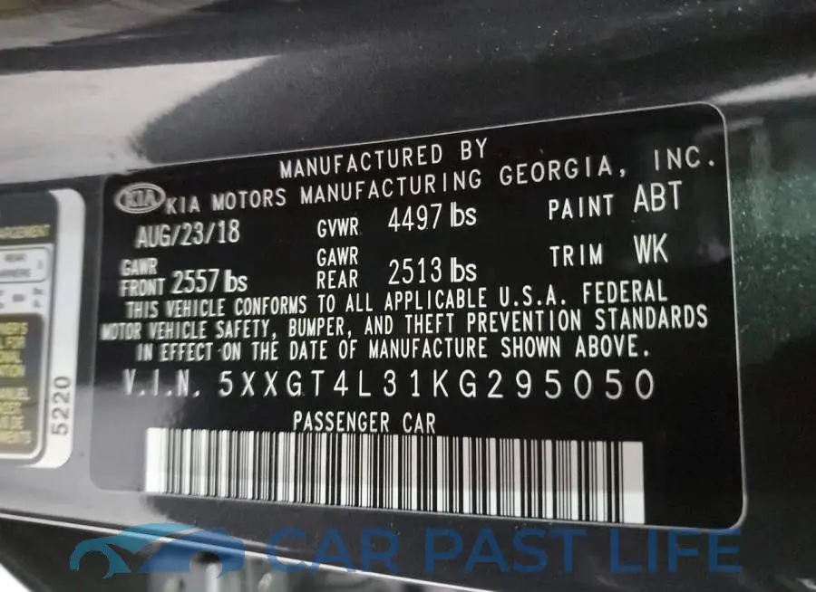 5XXGT4L31KG295050# 10