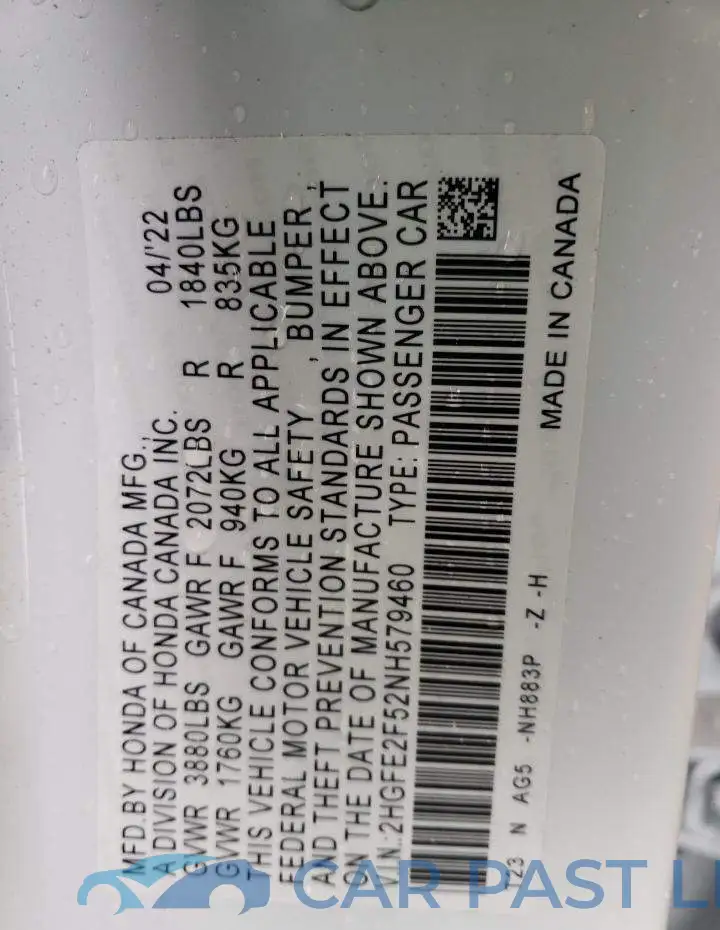 2HGFE2F52NH579460# 12