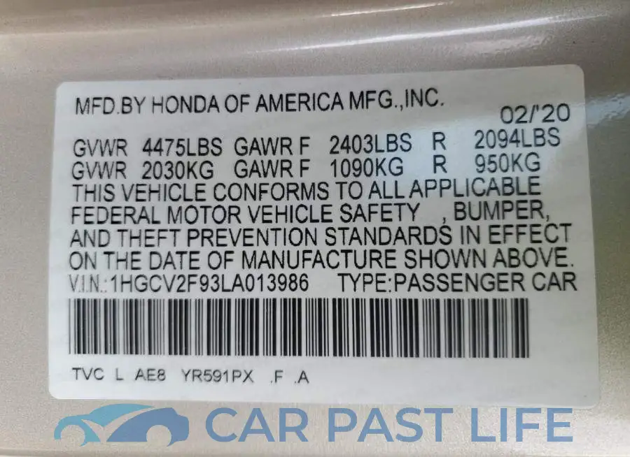 1HGCV2F93LA013986# 10