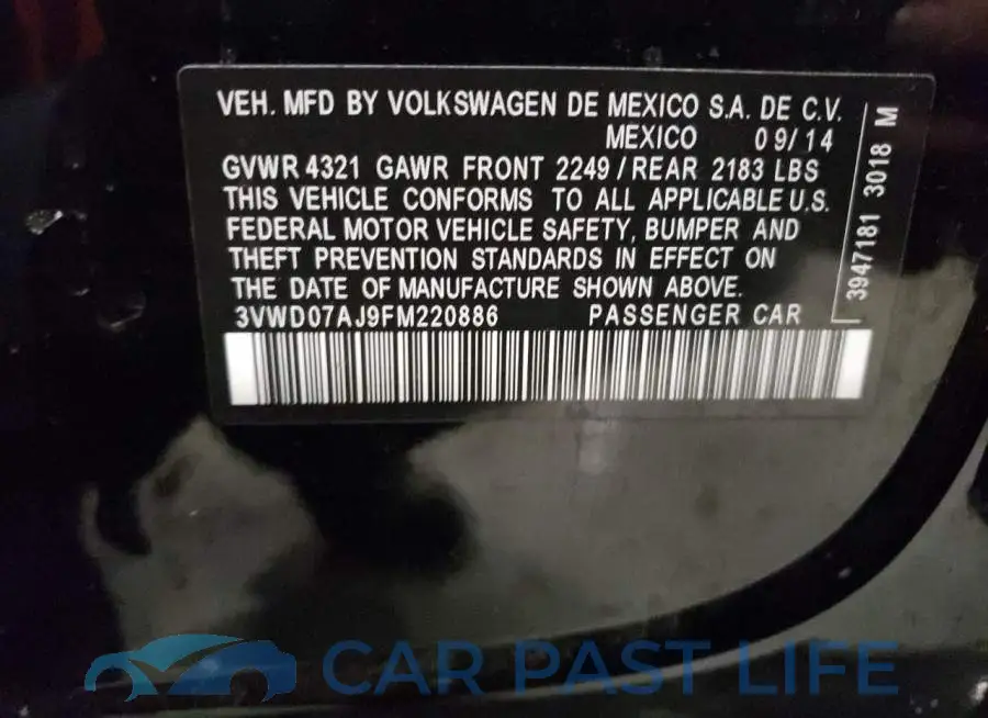3VWD07AJ9FM220886# 12