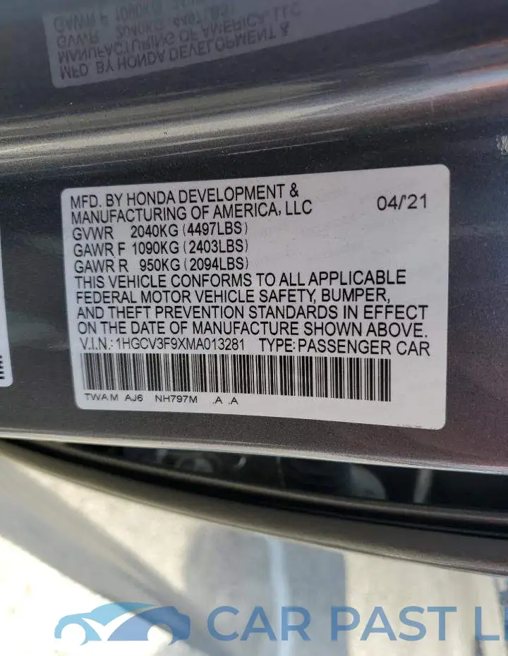 1HGCV3F9XMA013281# 12