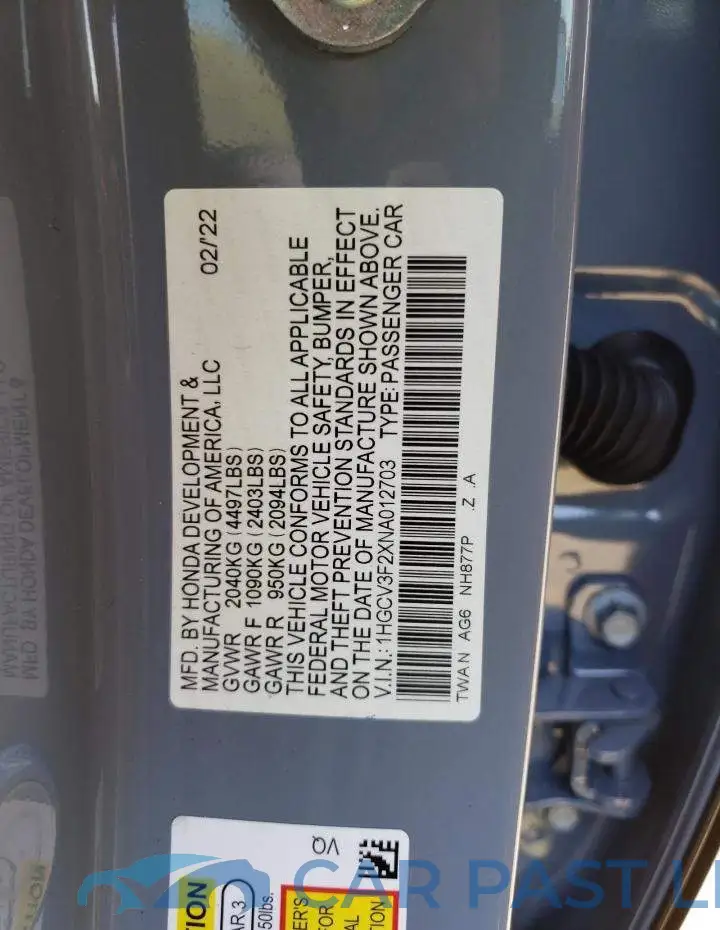 1HGCV3F2XNA012703# 12