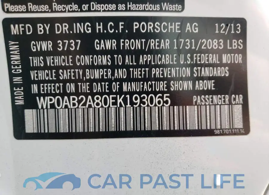 WP0AB2A80EK193065# 12