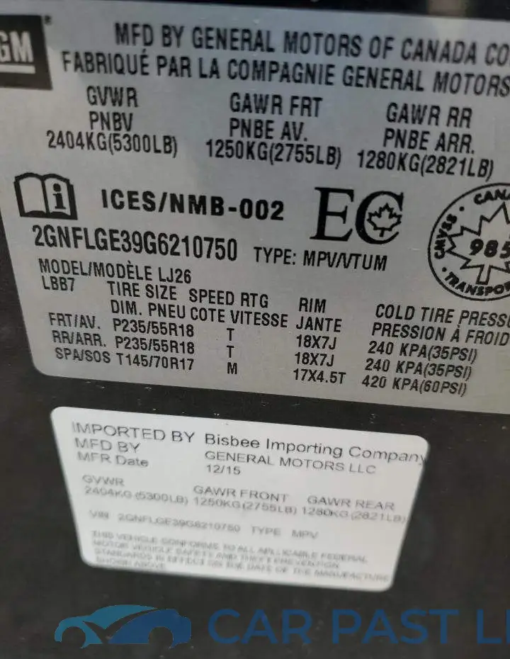 2GNFLGE39G6210750# 13