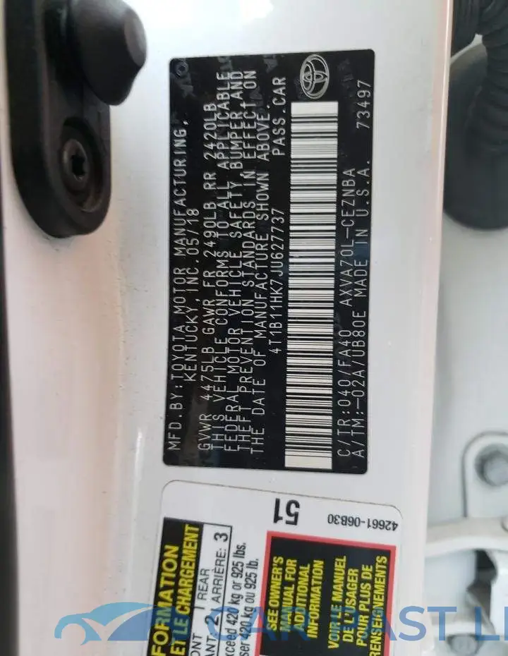 4T1B11HK7JU627737# 12