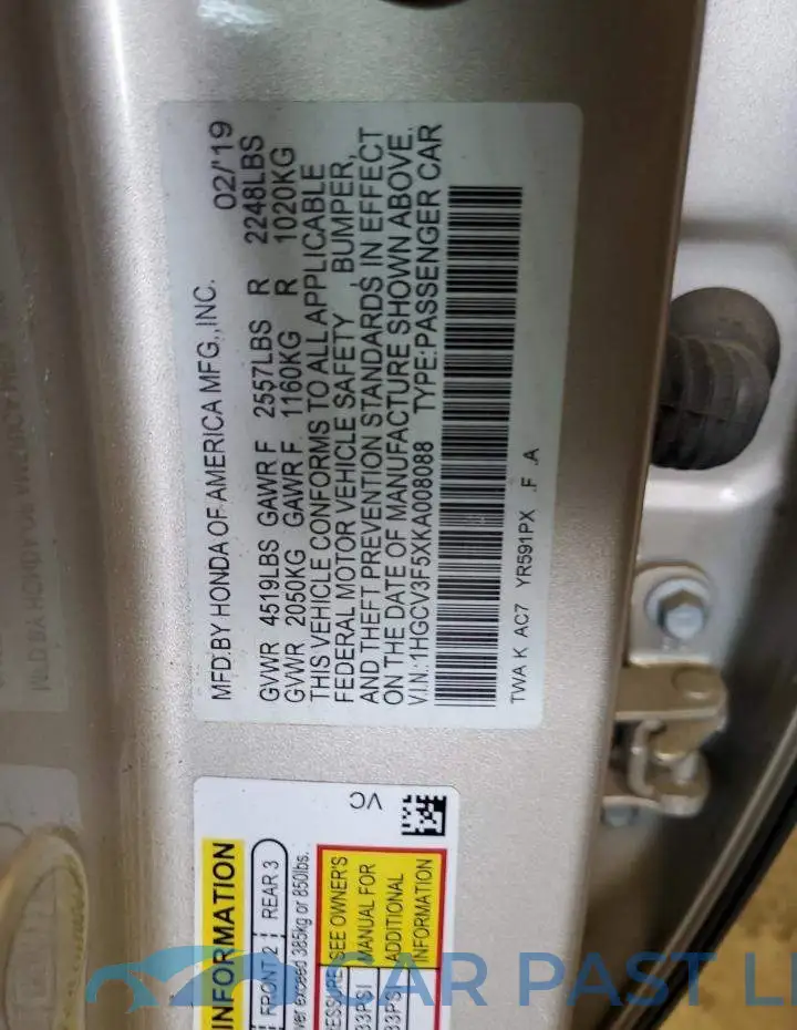 1HGCV3F5XKA008088# 12