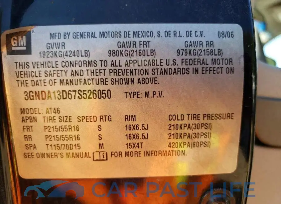3GNDA13D67S526050# 12