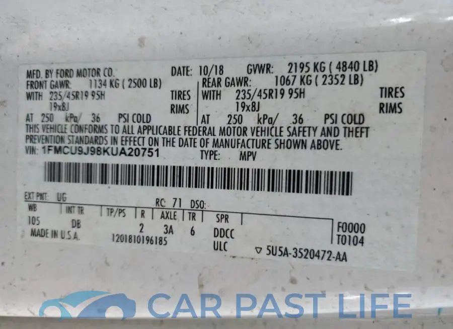 1FMCU9J98KUA20751# 12