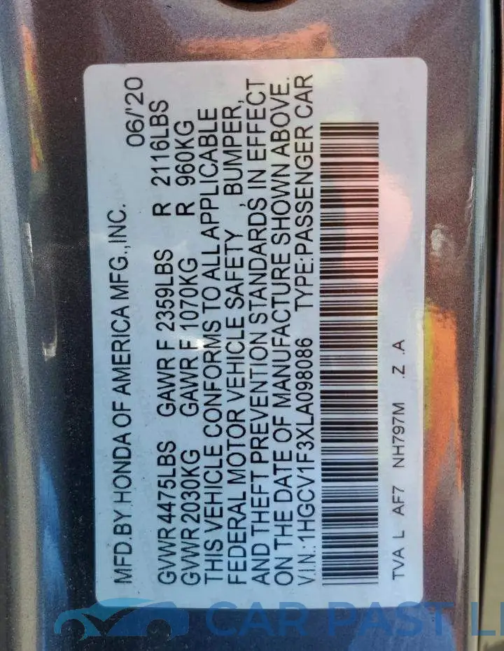 1HGCV1F3XLA098086# 12