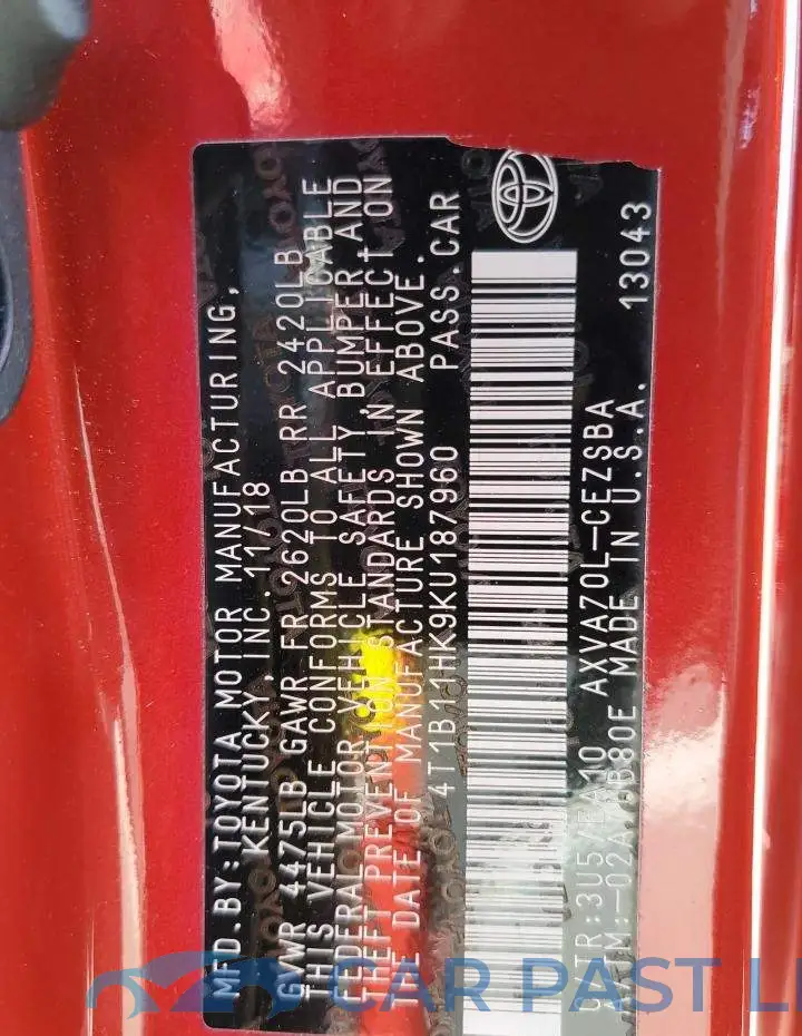 4T1B11HK9KU187960# 12
